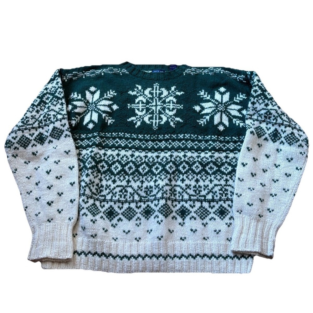 Vintage Gap Sweater Mens XL Green Fair Isle Wool Ski Hand Knit 90s Grandpa READ